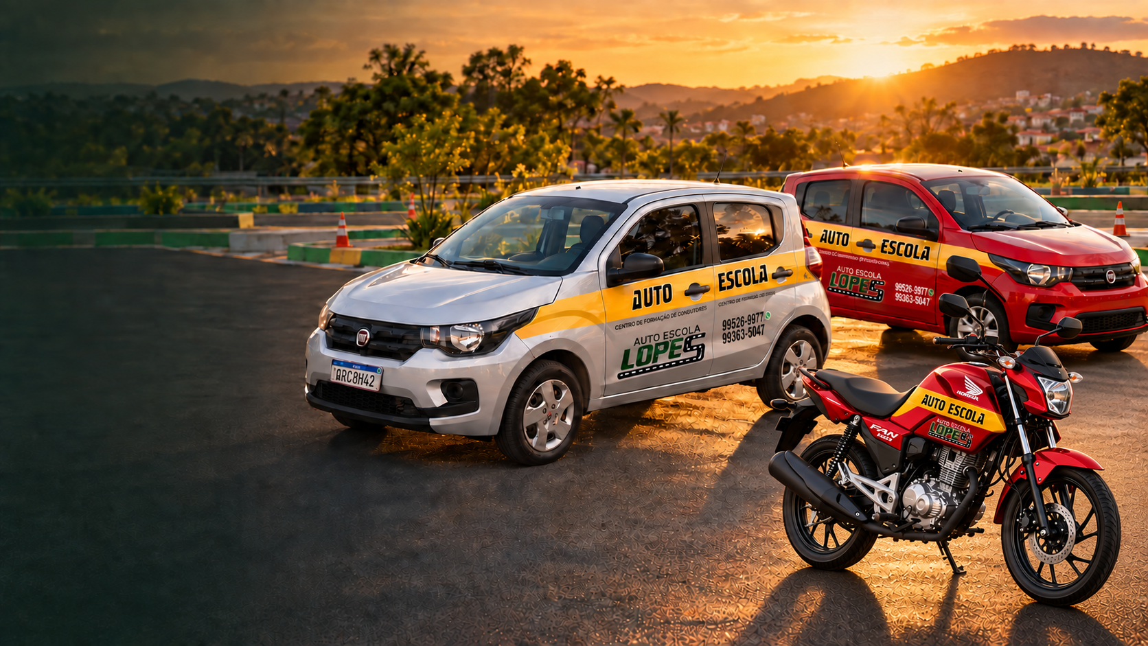 Dois Fiat Mobi e uma Honda Fan 160 da Auto Escola Lopes